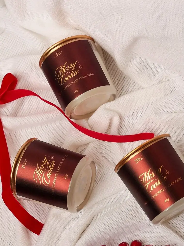 Velas Merry Cookies com fita vermelha